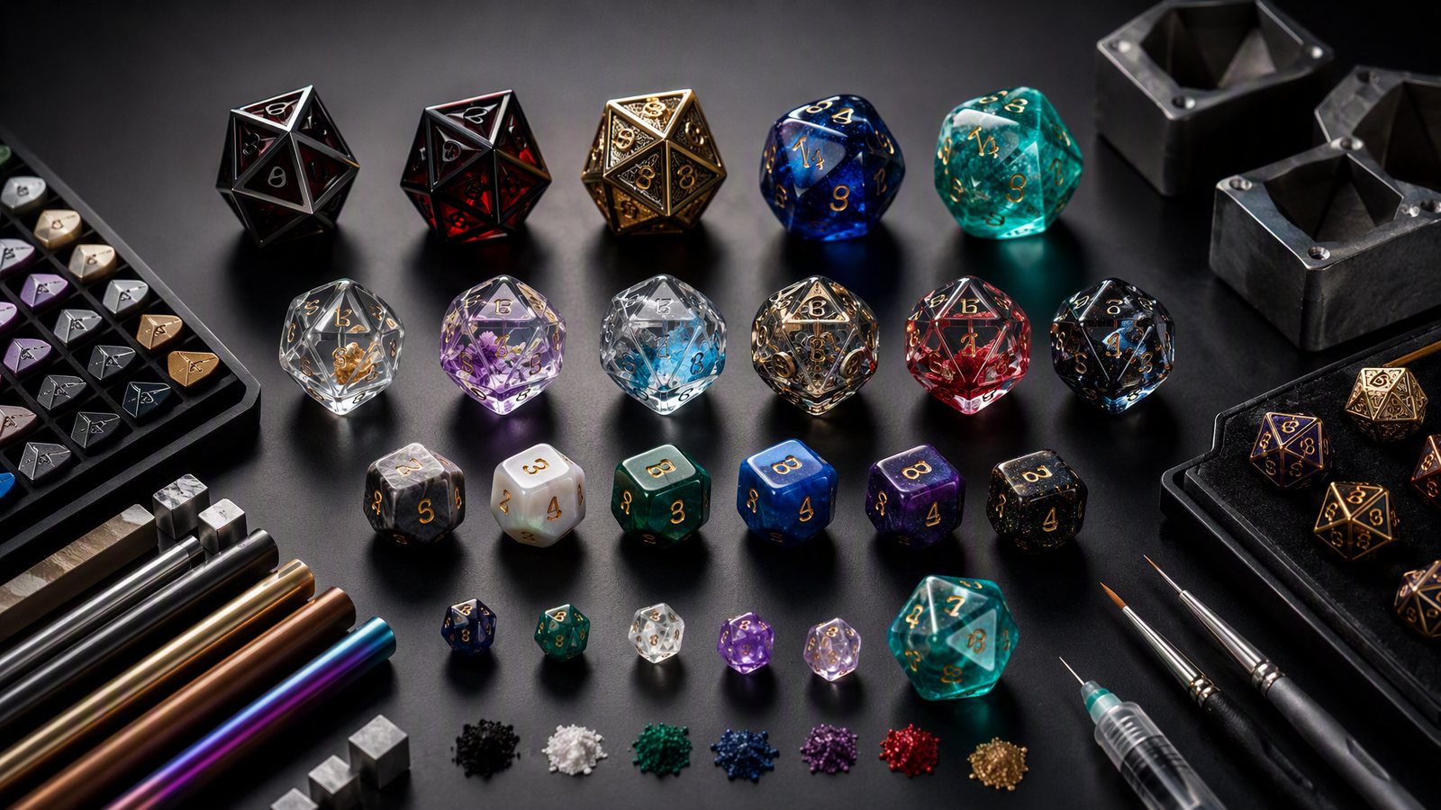 Customization options — edges, cores, platings, materials and sizes laid out
