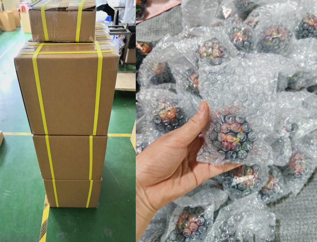 Bubble-wrapped dice and banded export cartons at the Yushun factory