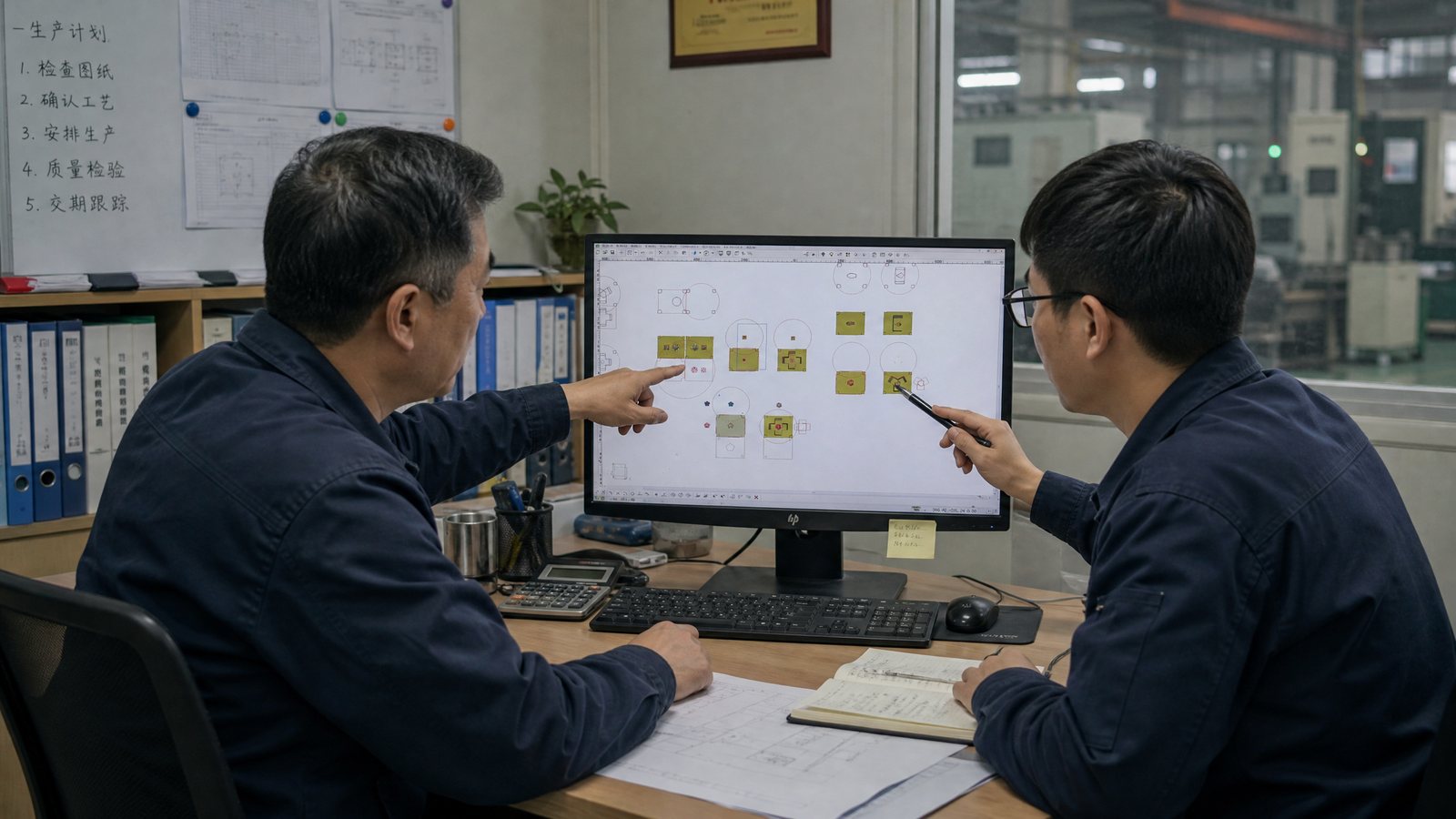 Reviewing a dice drawing on the CAD station before production is scheduled