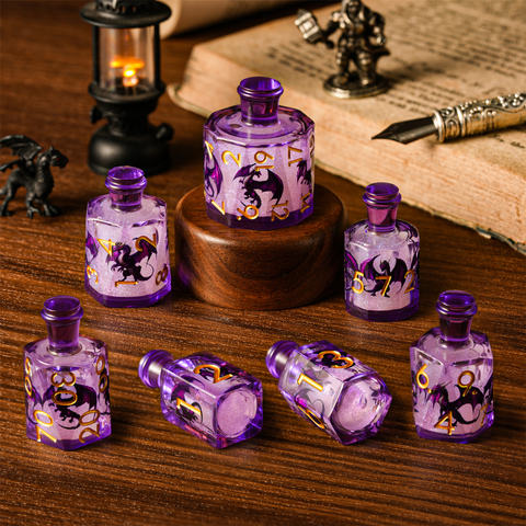 A cluster of potion-bottle dice under lamplight — the table dressing of a DND night
